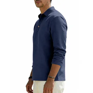 Side view detail of a navy blue long-sleeved linen polo shirt with textured fabric