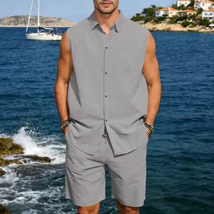 Detailed close-up of gray sleeveless linen shirt and matching shorts set for men beach wear