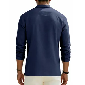 Back view of a navy blue long-sleeve linen polo shirt for men in a relaxed fit