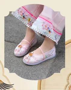 Detailed view of pink silk Hanfu embroidered shoes for girls with floral patterns