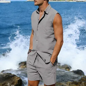 Men's summer linen set featuring a gray sleeveless shirt and matching beach shorts.