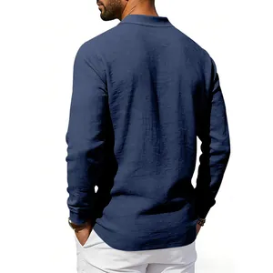 Back view detail of navy blue linen men's long sleeve polo shirt with textured fabric