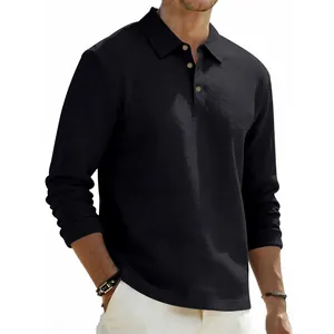 Detail view of men's black linen long-sleeve polo shirt with breathable fabric texture