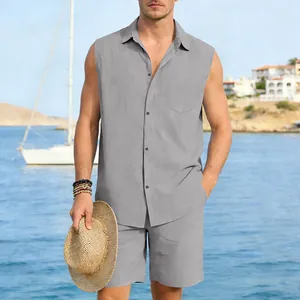 Men's grey linen sleeveless shirt and shorts set for beach vacation style