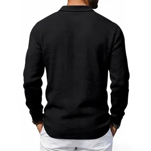 Back view of a black men's linen long sleeve polo shirt with relaxed fit design
