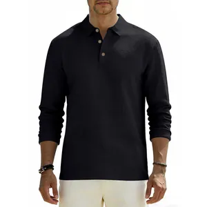 Detailed front view of men's loose casual black long sleeve linen polo shirt