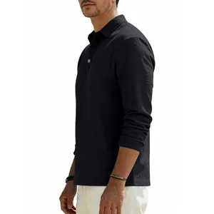 Side view of a premium men's black long-sleeve linen polo shirt with textured fabric