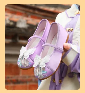 Traditional purple embroidered Hanfu shoes for girls with elegant butterfly decor