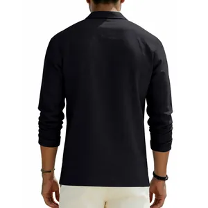 Back view of a black long-sleeved linen polo shirt for men in casual loose fit