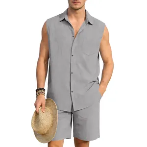 Detail view of grey men's sleeveless linen shirt and matching shorts set for summer beach wear