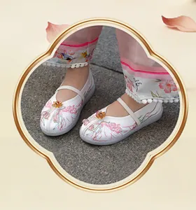 Detailed view of elegant floral embroidery on traditional Chinese Hanfu shoes for girls.
