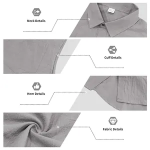 Detailed macro views of gray linen sleeveless shirt fabric, neck, cuff, and hem.