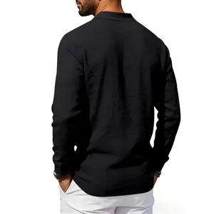 Back view of men's casual black linen long sleeve polo shirt with breathable texture