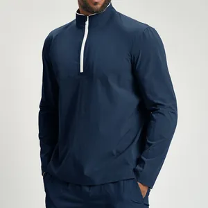 Men's navy blue quick-dry sports 1/4 zip long sleeve jacket for outdoor fitness and leisure