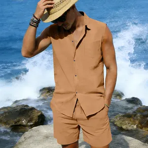 Summer men's two-piece sleeveless linen set featuring a shirt and beach shorts