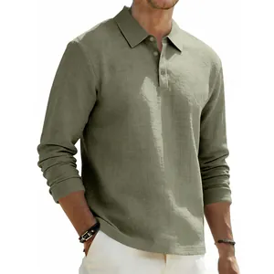 Premium men's solid color textured linen long sleeve polo shirt for casual business style.