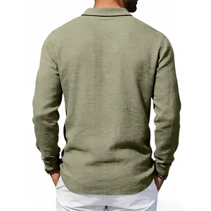 Back view of men's linen long sleeve polo shirt with textured fabric and collar trim