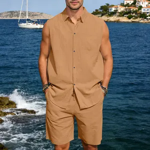 Men's tan linen sleeveless shirt and shorts set in beach vacation setting