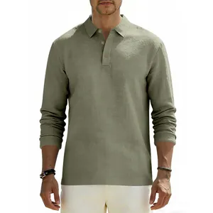 Detailed view of men's olive green long sleeve linen polo shirt with a relaxed fit.
