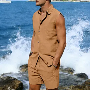 Close-up of men's khaki sleeveless linen beach set with ocean waves crashing background