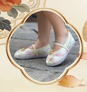 Close-up of traditional girls' embroidered Hanfu shoes with pink floral patterns