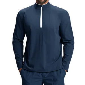 Men's navy blue quick-dry quarter-zip long sleeve sports jacket with white contrast zipper