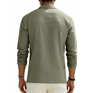 Back view of a comfortable olive green linen long sleeve polo shirt for casual men's wear