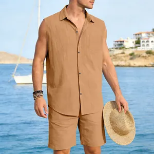 Close-up detail of men's sleeveless khaki linen shirt and shorts set for beach