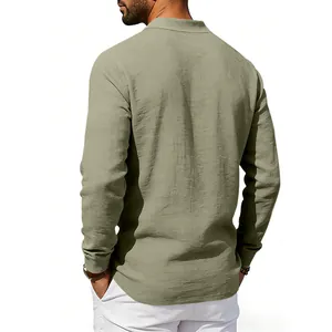 Detail back view of a breathable olive green linen long sleeve polo shirt for men
