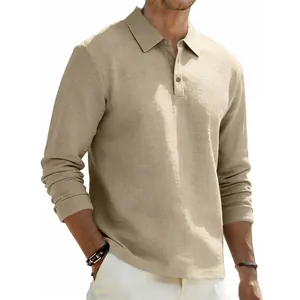 Men's casual khaki linen long sleeve polo shirt with classic lapel collar design