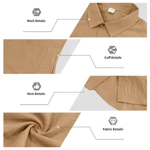 Detail view of men's linen sleeveless shirt featuring neck, cuff, hem and fabric texture