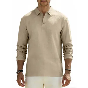 Detail of men's long-sleeved linen polo shirt in beige showing natural fabric texture
