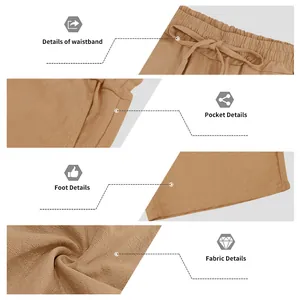 Detailed views of men's linen shorts featuring waistband, side pocket, and fabric texture