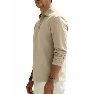 Detail showing the linen texture and side profile of a men's beige long-sleeved polo shirt