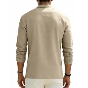 Back view of a men's loose khaki linen long-sleeve polo shirt with detailed texture.