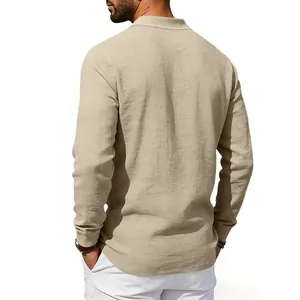 Back view of a beige long-sleeve linen polo shirt for men in casual business style.
