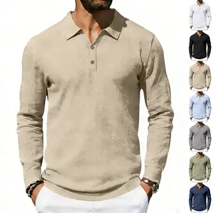 Overview of men's linen long sleeve polo shirts in multiple classic solid colors.