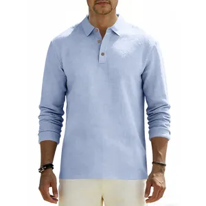 Detail view of a light blue long-sleeve linen polo shirt with a classic collar and buttons
