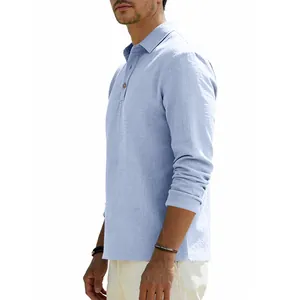 Side view of a light blue linen long-sleeve polo shirt with visible fabric texture