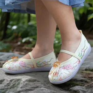 Traditional Chinese children's Hanfu embroidered shoes with floral and pearl detail