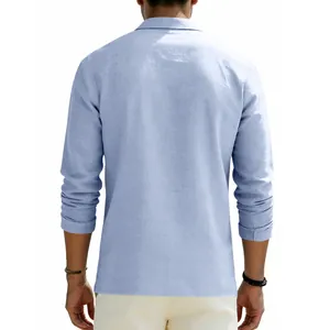 Back view of men's loose light blue linen long-sleeve shirt with casual polo collar.