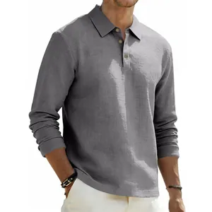 Close-up of a men's gray long-sleeved linen Polo shirt featuring natural texture.