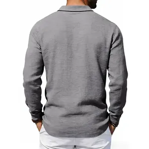 Detailed back view of a men's gray long-sleeved linen polo shirt with a relaxed fit