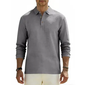 Front view of a men's loose fit grey long-sleeved polo shirt made of breathable linen fabric.