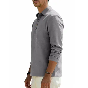 Side view of a men's gray long-sleeve linen polo shirt with textured fabric detail