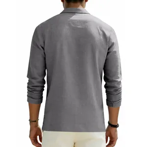 Detailed back view of a gray linen long sleeve polo shirt for men's casual wear