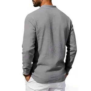 Detailed back view of men's grey long sleeve linen polo shirt showing fabric texture