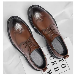 Top-down detail view of brown business dress shoes featuring embossed crocodile texture