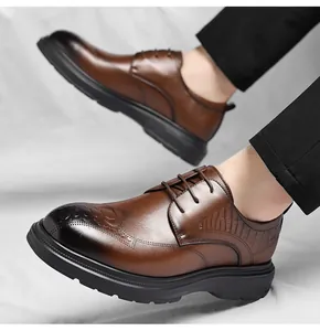 Close-up of men's brown business shoes with crocodile embossed pattern and lace-up design.