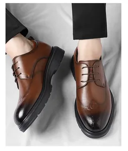 Detailed view of the crocodile embossed pattern on brown leather business dress shoes